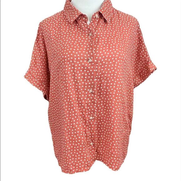 Rachel Zoe Orange Linen Polka Dot Short Sleeve Boxy Fit Button Down L - Picture 3 of 9